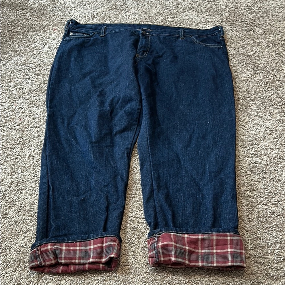 Dickies Flannel Lined Denim Jeans 24RG Dark Wash Straight Leg Comfort Workwear